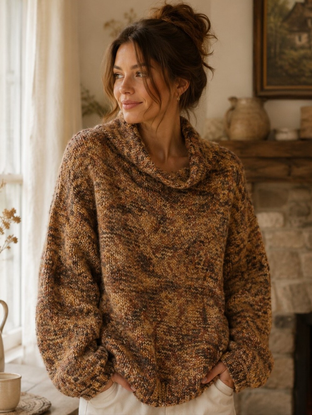 Oversized Marled Cowl Neck Chunky Knit Sweater Brown Cozy Cottagecore L-xl